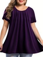 Elegant Crew Neck Ruched Bust Slight Stretch Knit Fabric Pullovers Polyester Casual Tops For Women, Plus Siz - Image 6