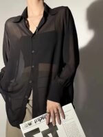 Chiffon Button Front Semi-Sheer Blouse, Sexy Short Sleeve Top For Spring & Summer, Women'S Clothing - Image 2
