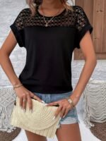 Women'S Batwing Short Sleeve T-Shirt - Lace Contrast Raglan Sleeves, Round Neck Longline Top, Burgundy & White Elegant Design, Machine Washable All-Season Casual Wear, Vacation Clothing, Nontransparent Fabric - Image 6