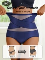 1Pc Women'S High-Waist Shapewear Panties, Comfortable Skin-Friendly Breathable, Elegant Style, No Padding, Cross Strap Detail, Medium Support, Knit Fabric, Solid Color, Nylon Material, Triangle Underwear - Image 9