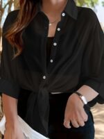 Plus Size Women'S Lightweight Semi-Sheer Chiffon Shirt - Casual Beach Cover-Up With Front Tie Bow, Loose Fit Open Front Button-Up For Swimsuits & Dresses, Machine Washable Spring/Summer Tops, Summer Layering Piece, Foldover Collar, Elegant Ruching, Vacation Outfit, Flowy Texture, Stylish Cover Up, Beachgoers Outfit - Image 5