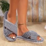 Fuzzy Crisscross Band Home Slippers, Cozy & Warm Open Toe Soft Plush Shoes, Solid Color Indoor Floor Slippers - Image 11