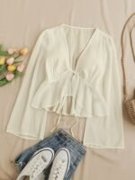 Elegant V-Neck Tie-Waist Blouse With Ruffled Sleeves And Lace Detail - Light Blue, Perfect For Spring/Summer, Adult Women'S Clothing, Casual Attire|Ruffled Sleeve Top|Lace Detail Top, Ladies Blouses - Image 2