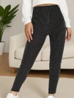 Women'S High Waist Striped Polyester Spandex Leggings, Casual Stretchy Cropped Skinny Pants, Knit Fabric, For All-Season Comfort, Weekend Casual Wear - Image 3