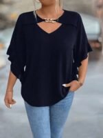 Women'S Plus Size V-Neck Blouse - Soft Pink, Ruffled Sleeves, Casual Summer Top With Golden Chain Detail, Casual Wear|Ruffled Sleeve Top|Vneckline Top - Image 2