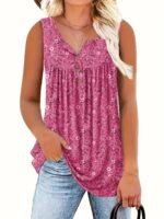 Women'S Floral Print Sleeveless Henley Neck Top - Casual Summer Tank Top, Green With White Flowers, V-Neck, Button Detail, Polyester Fabric, Perfect For Vacation Or Casual Attire, Summer Casual Wear | Vneck Top | Medium Stretch Material, Floral Print Tank To - Image 4
