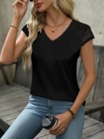 Solid Contrast Lave V-Neck T-Shirt, Elegant Short Sleeve Top For Summer & Spring, Women'S Clothing - Image 7