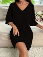 Women'S Plus Basic Lounge Dress, Plus Size Solid Half Sleeve V Neck Loose Fit Sleep Dress