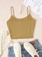 Women'S Casual Sexy Thin Strap Crop Top - Olive Green Semi-Sheer Stretchy, Ruched Detail & Machine Washable, Korean-Japanese Inspired Spring Summer Fall Wardrobe Essential