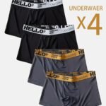 4Pcs Men'S Boxer Briefs - Stylish "Hello" Waistband Design, Breathable & Stretchy Polyester-Spandex Blend, Comfort Fit Underwear In Assorted Colors (Black, Orange, Gray, Green) - Machine Washable