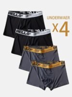 4Pcs Men'S Boxer Briefs - Stylish "Hello" Waistband Design, Breathable & Stretchy Polyester-Spandex Blend, Comfort Fit Underwear In Assorted Colors (Black, Orange, Gray, Green) - Machine Washable