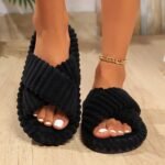 Fuzzy Crisscross Band Home Slippers, Cozy & Warm Open Toe Soft Plush Shoes, Solid Color Indoor Floor Slippers - Image 7