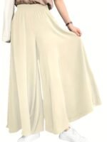 Plus Size Women'S Elegant Casual Wide-Leg Pants With Elastic Waist & Smocking Detail - Solid Color Non-Stretch Fabric, Middle Eastern-Inspired Design For All-Season Versatile Wear - Image 4