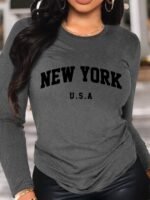 New York Print Crew Neck T-Shirt, Casual Long Sleeve T-Shirt For Spring & Fall, Women'S Clothing - Image 2