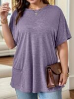 Plus Size Women'S Elegant Round Neck Short Sleeve T-Shirt - Solid Color With Chest Pocket, Machine Washable, Spring Summer Fall Casual Top, Ladies T Shirts, Seasonal Versatility, Sophisticated Casual, Comfortable Texture - Image 2