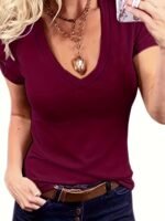 Plus Size Casual V-Neck T-Shirt For Women - Polyester Blend With 95% Polyester & 5% Spandex, Medium Stretch Knit Fabric, Solid Color, Suitable For Spring/Summer/Fall - Image 4