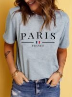 Paris France Casual Crew Neck T-Shirt - Geometric Pattern, Polyester Knit Fabric, Regular Length, Summer Wear, Soft And Comfortable - Image 6