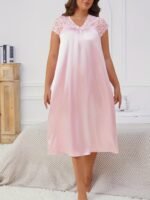 Women'S Plus Size Elegant Red Satin Nightgown With Lace Trim And Bow Detail - V-Neck, Short Sleeve, Flowing Design, Machine Washable - Perfect For Weddings Or Special Occasions, Satin Dress - Image 8