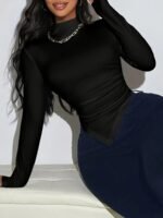 Side Ruched Asymmetrical Hem T-Shirt, Sexy Mock Neck Slim-Fit Long Sleeve Top For Spring & Fall, Women'S Clothing