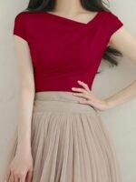Women'S Elegant Asymmetrical Neckline Ruched Slim Fit Short Sleeve T-Shirt - Solid Color, Medium Stretch, Spring/Summer Casual & Formal Wear, Ladies T Shirts, Summer Outfit, Chic Style, Stretchy Fabric, Fitted Shirt, Summer Wardrobe - Image 7