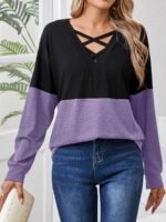 Plus Size, Women'S Casual Long Sleeve T-Shirt - Color-Blocked V-Neck Cross-Strap Design, Black & Olive Green, Machine Washable, Spring Summer Fall Essential, Everyday Outfit, Stylish Pullover, Comfortable Fit, Pullover Top, Casual Attire - Image 4