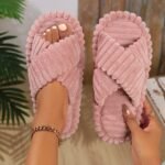 1 Pair Women'S Minimalist Striped Slippers - Comfortable Warm Soft Plush Open-Toe Slip-On House Shoes With Eva Sole, All-Season Indoor Footwear - Image 3