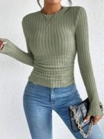 Women'S Elegant Ribbed Pullover Sweater - Solid Color Round Neck Long Sleeve, Medium Stretch Machine Washable Fall Winter Tops For Casual & Formal Wear, Sweater, Everyday Comfort Wear, Textured Fabric - Image 7