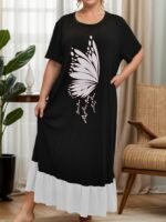 Cozy Plus Size Women'S Sleep Dress - Vintage Butterfly Print, Short Sleeve & Long Skirt Lounge Robe, Machine Washable, Autumn Winter, Home Wear - Image 8