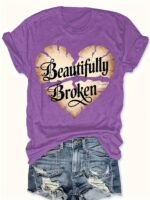 Women'S "Beautifully Broken" Heart Print Casual T-Shirt - Vibrant Orange Short Sleeve Round Neck Summer Top, Machine Washable & Affordable, Ladies T Shirts, Everyday Fashion, Relaxed Fit Tee, Allseason Wear - Image 6