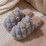 Women'S Plaid Color-Block Winter Slippers - Cozy Plush Faux Fur Lining, Non-Slip Pvc Sole, Soft Fabric Indoor House Shoes For Cold Floors, Grey & White Options, Cute Slippers, Plush Fur Interior, Durable Traction Footwear - Image 9