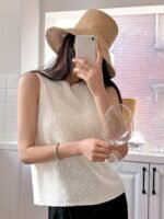 Women'S Elegant Summer Sleeveless Top - Breathable Round Neck Solid Color Casual Chic Shirt, Hand Wash Only, Everyday Fashion, Open Front Design, Quality Craftsmanship - Image 5