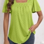 Plus Size Women'S Square Neck Ruffle Sleeve Top - Breathable Eyelet Cut-Out Fabric, Unique Chest Pleat Design, Elegant Fashion For Spring Summer Fall, Formal & Casual Wear, Casual Wear Top | Pleated Detail Top | Stretchy Fabric Top, Ladies T Shirts