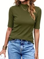 Women'S High-Neck Half-Sleeve Turtleneck T-Shirt - Stretchy Slim Fit Casual Top, Solid Black, Machine Washable For Spring/Fall Layering, Casual Attire Top, Versatile Fashion Top, Stretchy Fabric Top - Image 10