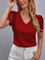 Elegant Casual Short-Sleeve Top For Women With Laser-Cut Scalloped Edges. - Image 3