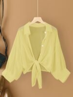 Plus Size Women'S Lightweight Semi-Sheer Chiffon Cardigan - Short Sleeve Open Front Cover-Up With Front Bow Tie Detail, Beach Cover-Up For Swimsuits, Casual Elegance All-Season Machine Washable, Seasonal Fashion | Feminine Bow Detail | Soft Drape Fabric - Image 4