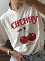 Fruit&Cherry Graphic Print T-Shirt, Short Sleeve Crew Neck Casual Top For Summer & Spring, Women'S Clothing