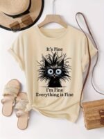 Women'S Light Blue Casual Short Sleeve T-Shirt - "It'S Fine I'M Fine Everything Is Fine" Sarcastic Cat Graphic Print, Round Neck Summer Fit, Medium Stretch Machine Washable Tee, Cat T Shirt, Everyday Apparel, Playful Design, Stretchy Fabric - Image 7