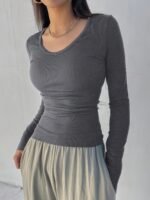 Solid Color Crew Neck T-Shirt, Casual Long Sleeve T-Shirt For Spring & Fall, Women'S Clothing - Image 2