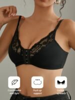 1Pc Elegant Black Lace-Trimmed Wireless Bralette With Front Closure, Breathable & Seamless Light Support For Spring/Summer, No-Pad Comfort Fit, Backless Design, Lace Trim Detail - Image 6