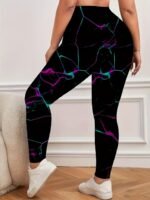 Women'S Plus Size High-Waisted Floral Print Leggings - Stretchy, Casual, Machine Washable, Black With Vibrant Purple & Teal Accents, All-Season Comfort Fit, High Waisted Leggings - Image 3