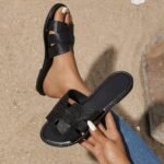 Women'S Summer Fashion Slip-On Flat Monogram Sandals, Solid Color Minimalist Open Toe Slides, All-Season Comfort, Man-Made Upper/Inner/Rubber Sole, Casual Outdoor Footwear - Image 10