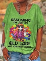 Women'S Casual Loose Fit V-Neck Short Sleeve T-Shirt - Vibrant Green Print With "Assuming I'M Just An Old Lady" Slogan & Floral Fashion Glasses Design, Medium Stretch Machine Washable Top For Spring Summer Fall, Ladies T Shirts, Relaxed Weekend Outfit, Playful Statement Shirt, Comfortable Stretch Fabric, Fun Statement Wear - Image 5