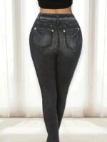 Plus Size Women'S Casual Style All-Season Stretch Denim-Look Leggings - High Elasticity, Machine Washable, Faux Pockets Detail, Polyester & Elastane Blend, Smooth Fabric, Ideal For Vacation, Plus Size Jeans.Non-Denim Pants With Denim Print - Image 7