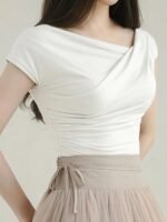 Women'S Elegant Asymmetrical Neckline Ruched Slim Fit Short Sleeve T-Shirt - Solid Color, Medium Stretch, Spring/Summer Casual & Formal Wear, Ladies T Shirts, Summer Outfit, Chic Style, Stretchy Fabric, Fitted Shirt, Summer Wardrobe - Image 2