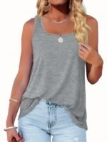 Plus Size Basic Tank Top, Women'S Plus Solid Square Neck High Stretch Summer Tank Top - Image 7