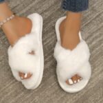 Women'S Plush Faux Fur Cross-Strap Slip-On Slippers - Open-Toe Indoor House Shoes With Eva Sole, All-Season Cozy Warmth & Fluffy White Design For Home Comfort, Cute Slippers - Image 3