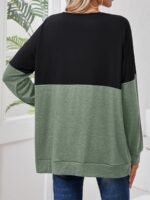 Plus Size, Women'S Casual Long Sleeve T-Shirt - Color-Blocked V-Neck Cross-Strap Design, Black & Olive Green, Machine Washable, Spring Summer Fall Essential, Everyday Outfit, Stylish Pullover, Comfortable Fit, Pullover Top, Casual Attire - Image 6
