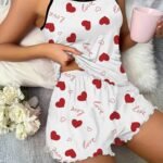 1 Set Women'S Sexy Polyester Pajama Set, Love Heart Print Spaghetti Strap Shorts, Knit Fabric Sleepwear For All Seasons, Adult Lounge Set