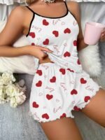 1 Set Women'S Sexy Polyester Pajama Set, Love Heart Print Spaghetti Strap Shorts, Knit Fabric Sleepwear For All Seasons, Adult Lounge Set