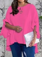 Plus Size Solid Ruffle Sleeve Blouse, Casual Crew Neck Irregular Hem Blouse For Spring, Women'S Plus Size?Clothing - Image 3